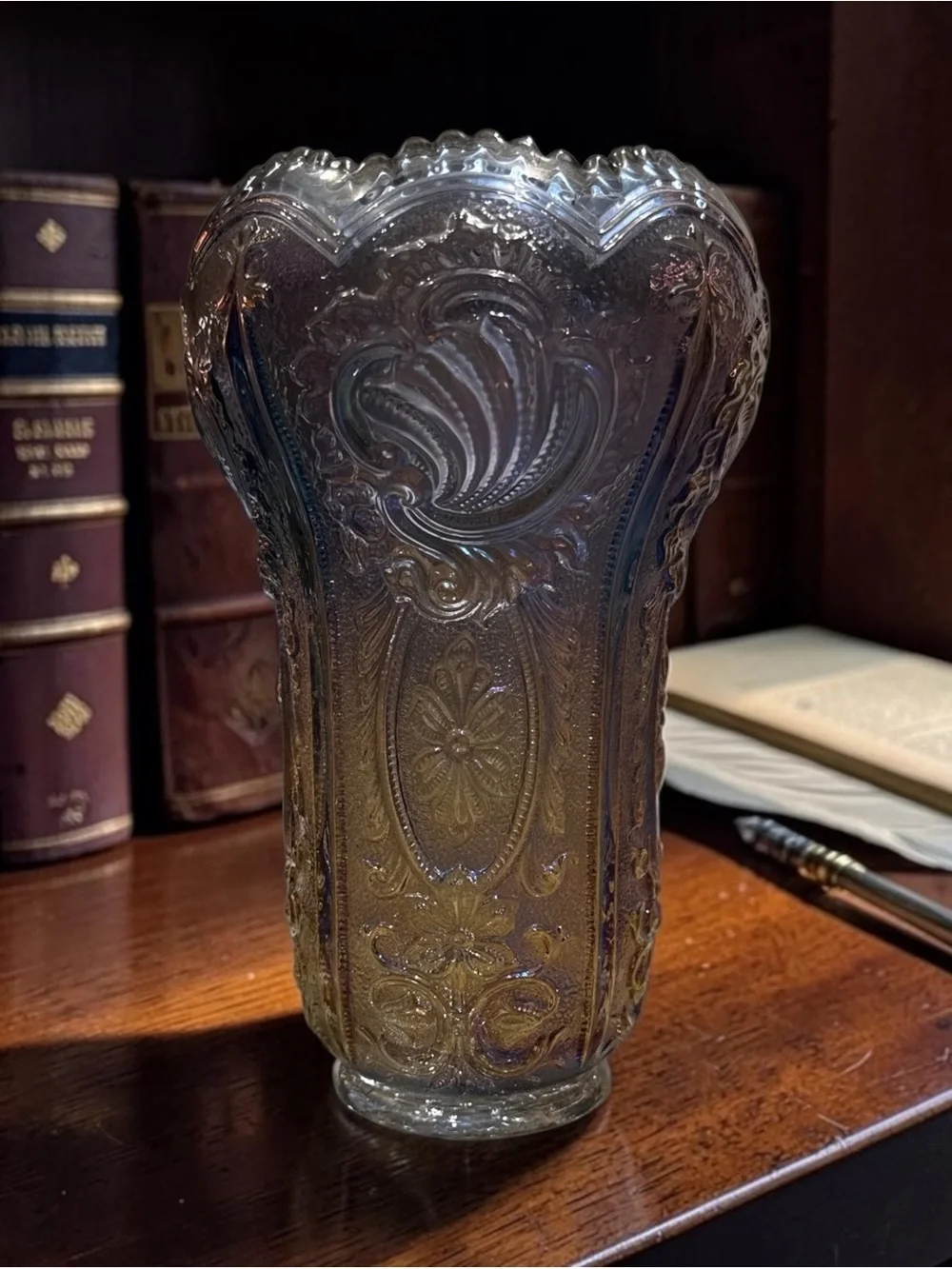 VTG Imperial Carnival Glass Scroll Flower Panels Vase Smoke Peacock 10”